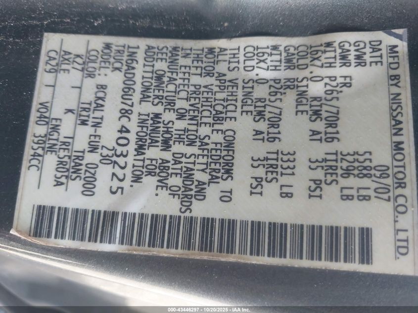 2008 Nissan Frontier Se VIN: 1N6AD06U78C403225 Lot: 43446297