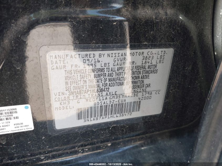 2017 Nissan Sentra Sv VIN: 3N1AB7AP1HL638472 Lot: 43446302