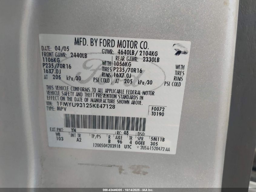 2005 Ford Escape Xlt VIN: 1FMYU93125KE47128 Lot: 43446305