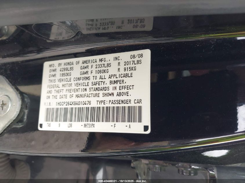 2009 Honda Accord 2.4 Lx-P VIN: 1HGCP264X9A010476 Lot: 43446321