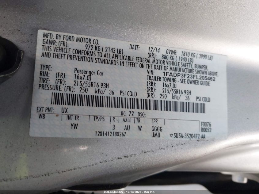 2015 Ford Focus Se VIN: 1FADP3F23FL205462 Lot: 43446327