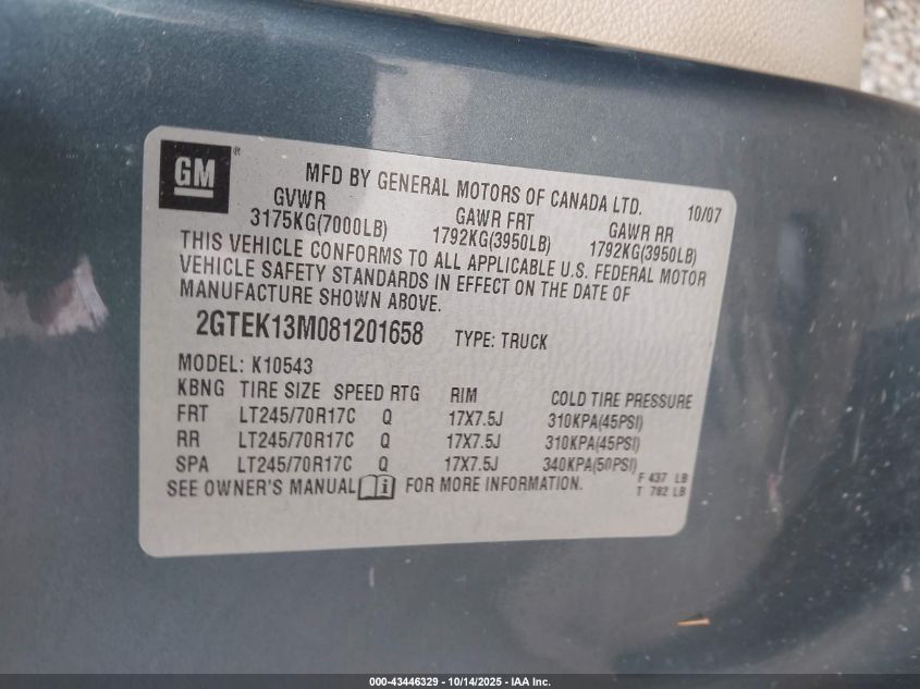 2008 GMC Sierra 1500 Slt VIN: 2GTEK13M081201658 Lot: 43446329