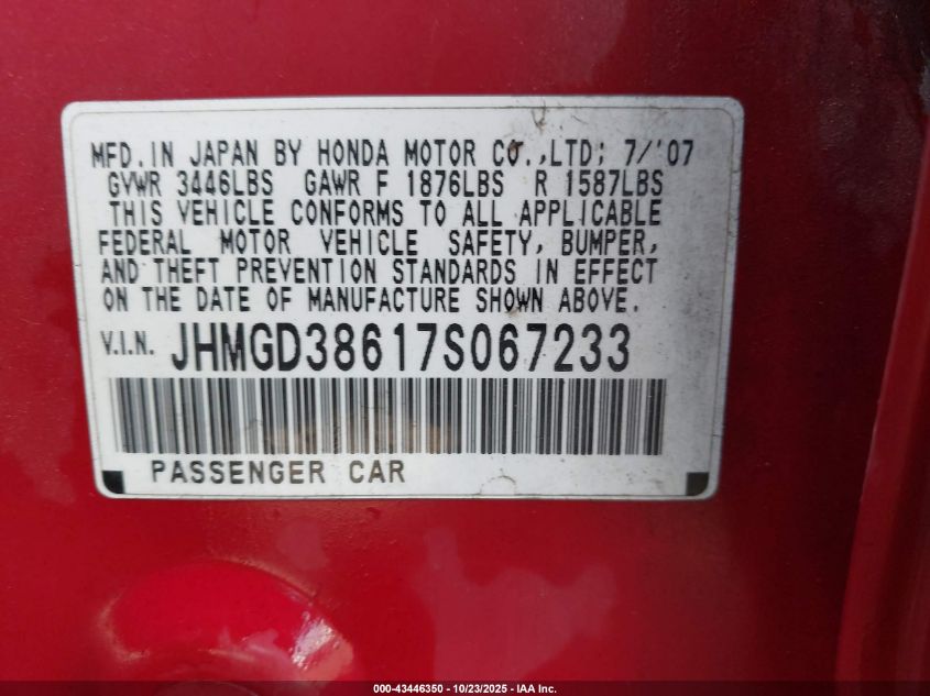 2007 Honda Fit Sport VIN: JHMGD38617S067233 Lot: 43446350
