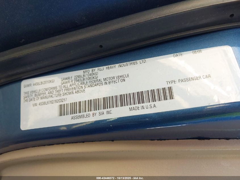 2007 Subaru Legacy 2.5Gt Limited VIN: 4S3BL676276203217 Lot: 43446372