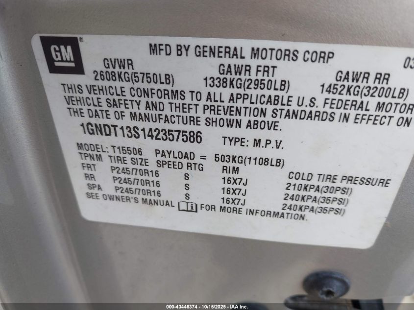 2004 Chevrolet Trailblazer Ls VIN: 1GNDT13S142357586 Lot: 43446374