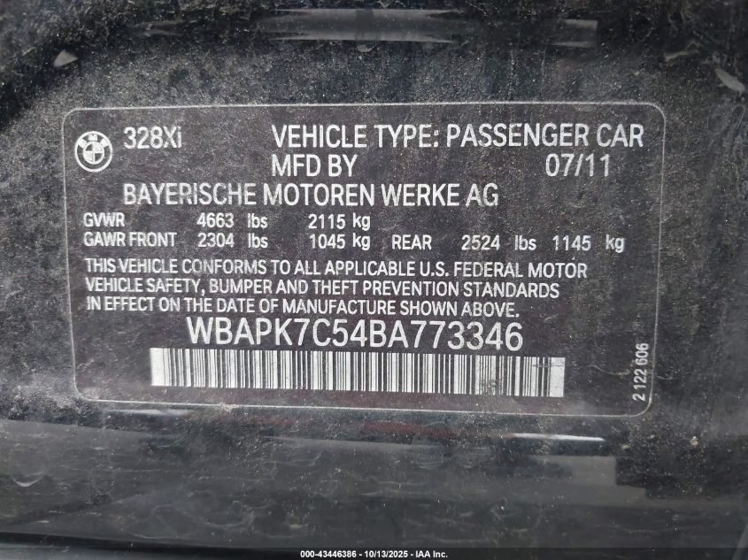 2011 BMW 328I xDrive VIN: WBAPK7C54BA773346 Lot: 43446386