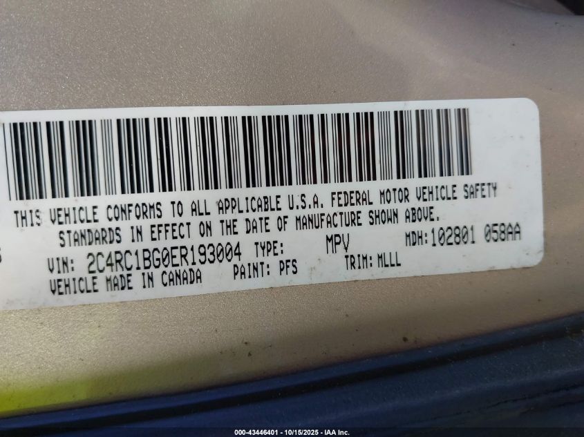 2014 Chrysler Town & Country Touring VIN: 2C4RC1BG0ER193004 Lot: 43446401