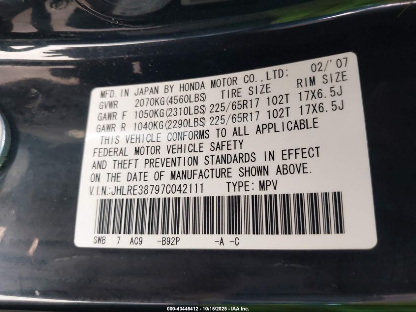 2007 Honda Cr-V Ex-L VIN: JHLRE38797C042111 Lot: 43446412
