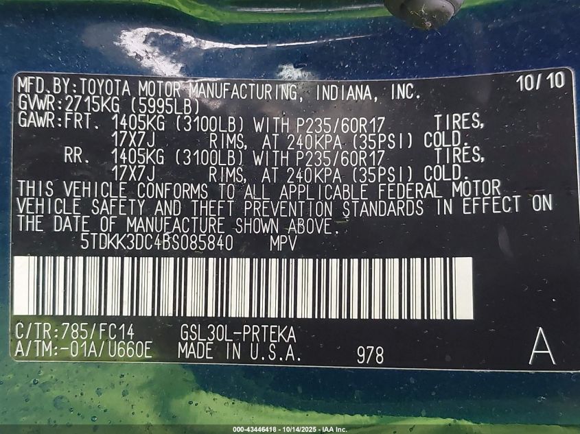 2011 Toyota Sienna Le V6 VIN: 5TDKK3DC4BS085840 Lot: 43446418