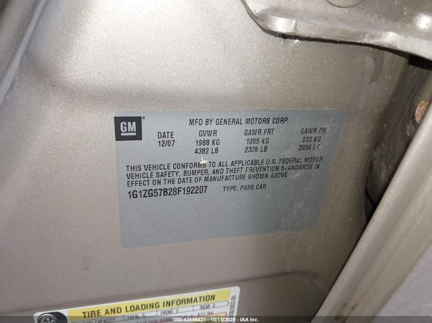 2008 Chevrolet Malibu Ls VIN: 1G1ZG57B28F192207 Lot: 43446421