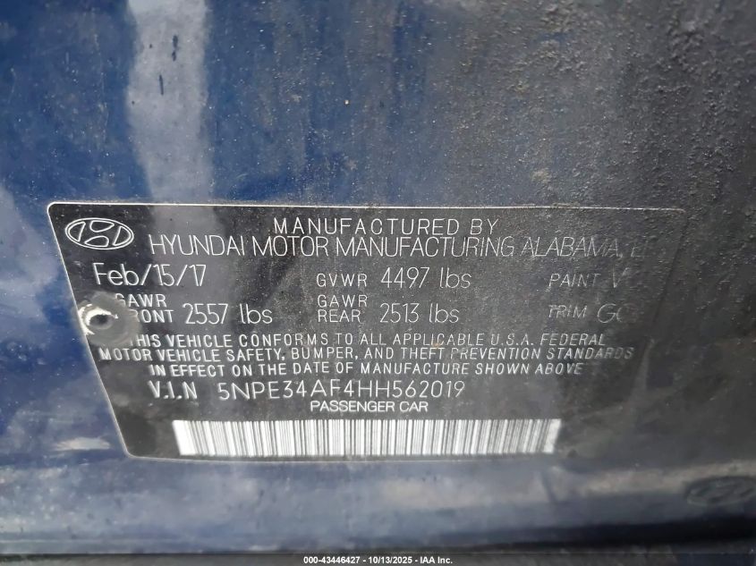 2017 Hyundai Sonata Sport VIN: 5NPE34AF4HH562019 Lot: 43446427
