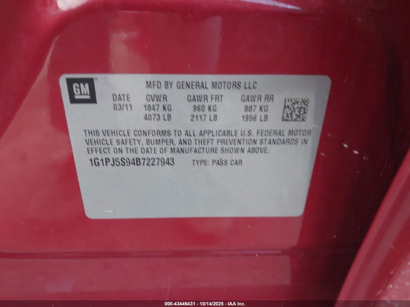 1G1PJ5S94B7227943 2011 CHEVROLET CRUZE photo no. 9