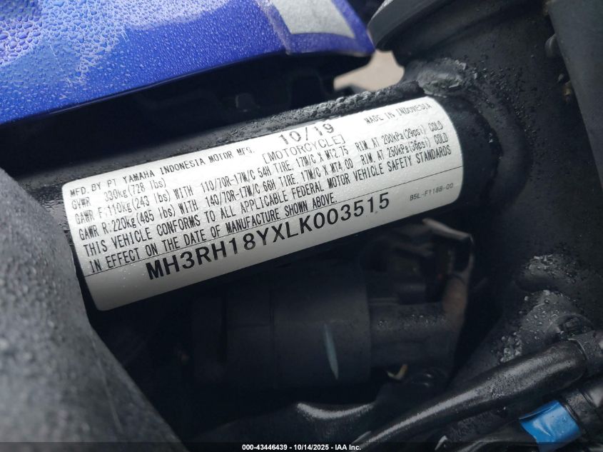 2020 Yamaha Yzfr3 A VIN: MH3RH18YXLK003515 Lot: 43446439