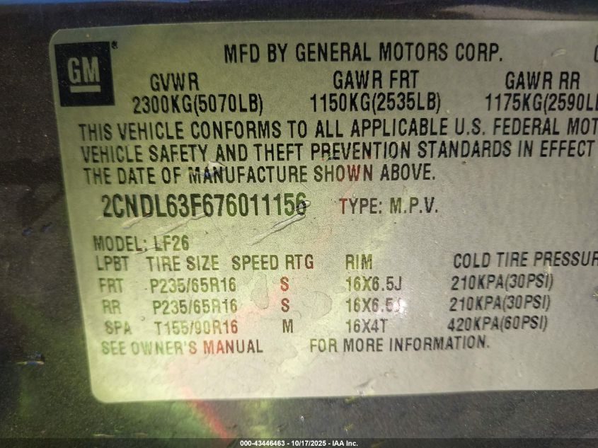 2007 Chevrolet Equinox Lt VIN: 2CNDL63F676011156 Lot: 43446463