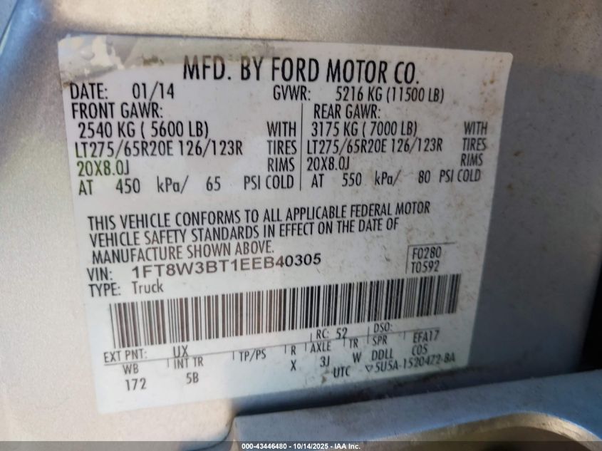 2014 Ford F-350 Lariat VIN: 1FT8W3BT1EEB40305 Lot: 43446480