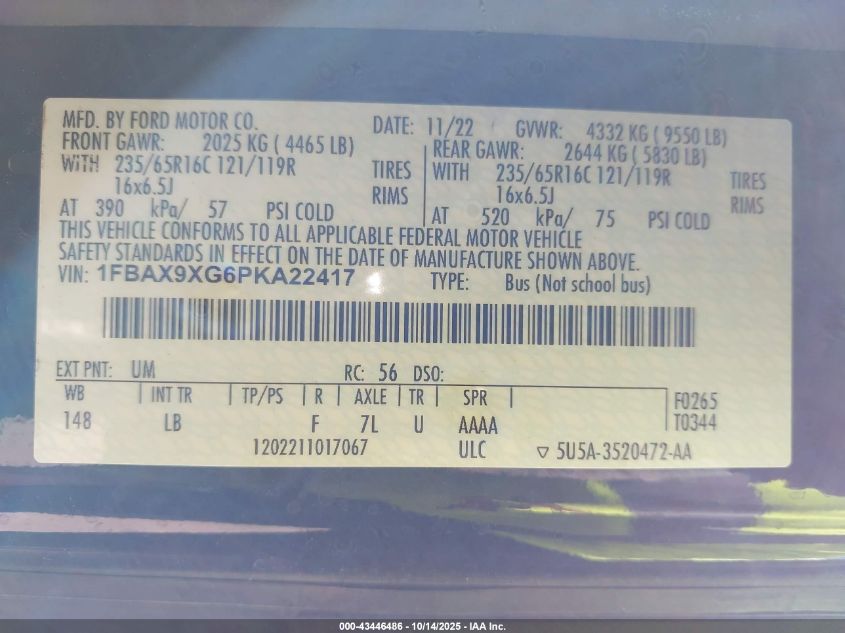 2023 Ford Transit-350 Passenger Van Xlt VIN: 1FBAX9XG6PKA22417 Lot: 43446486