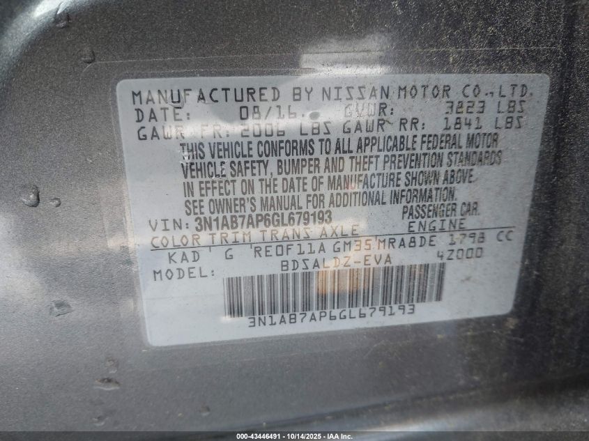 2016 Nissan Sentra Sv VIN: 3N1AB7AP6GL679193 Lot: 43446491