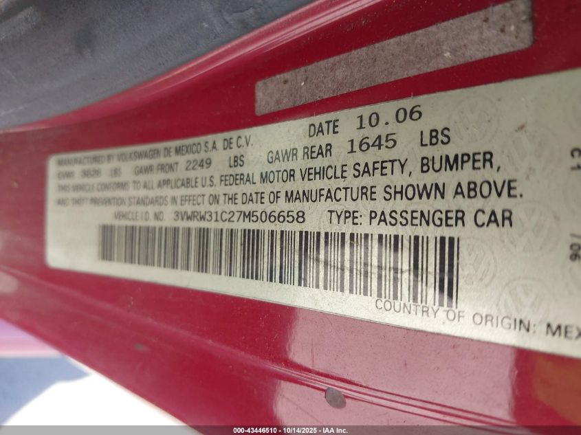 2007 Volkswagen New Beetle 2.5 VIN: 3VWRW31C27M506658 Lot: 43446510