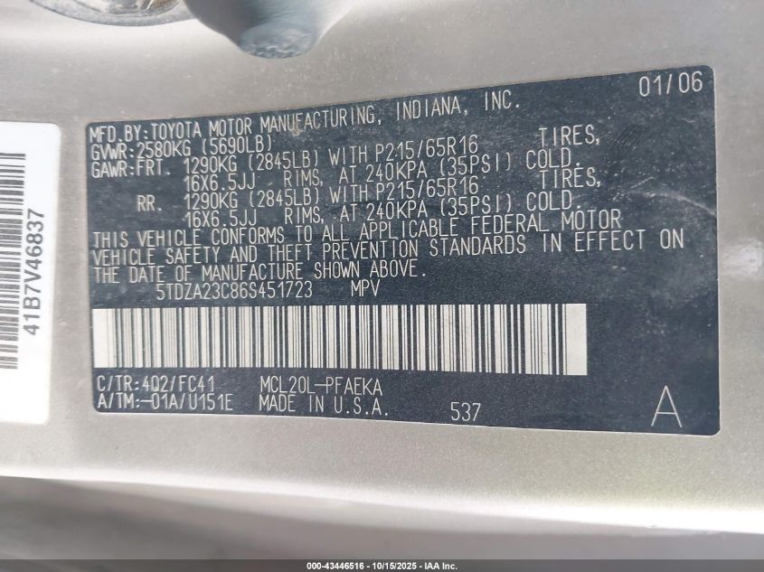 2006 Toyota Sienna Le VIN: 5TDZA23C86S451723 Lot: 43446516