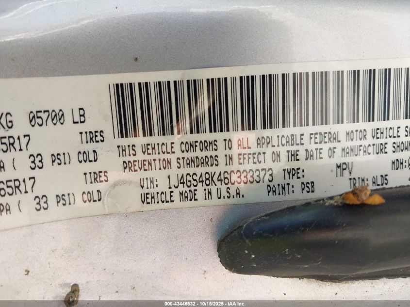 2006 Jeep Grand Cherokee Laredo VIN: 1J4GS48K46C333373 Lot: 43446532