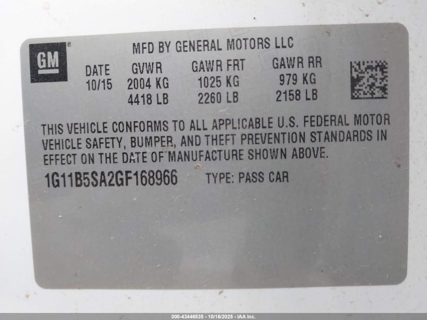 2016 CHEVROLET MALIBU LIMITED LS 1G11B5SA2GF168966