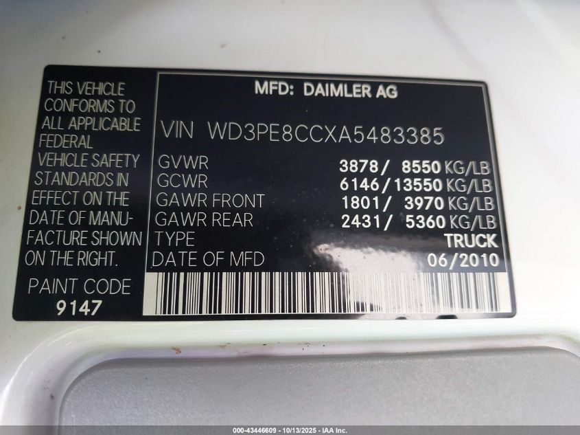 2010 Mercedes-Benz Sprinter Van 2500 High Roof VIN: WD3PE8CCXA5483385 Lot: 43446609