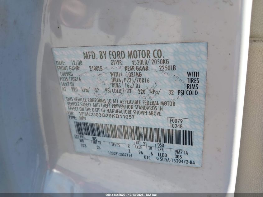 2009 Ford Escape Xlt VIN: 1FMCU03G29KB11057 Lot: 43446620