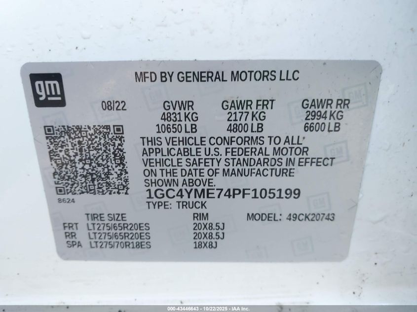 2023 Chevrolet Silverado 2500Hd 4Wd Standard Bed Custom VIN: 1GC4YME74PF105199 Lot: 43446643