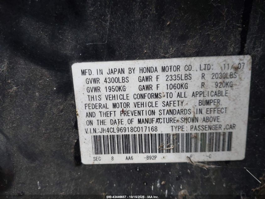 2008 Acura Tsx VIN: JH4CL96918C017168 Lot: 43446657