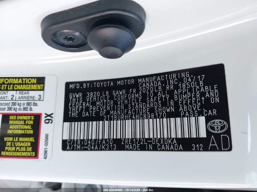 2017 Toyota Corolla L VIN: 2T1BURHE4HC898170 Lot: 43446680