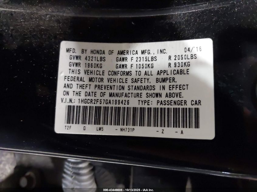 2016 Honda Accord Sport VIN: 1HGCR2F57GA199426 Lot: 43446686
