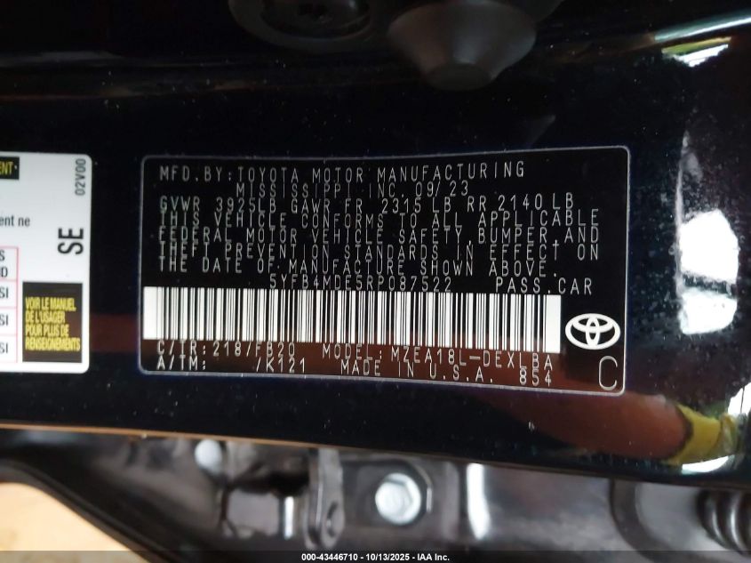 2024 Toyota Corolla Le VIN: 5YFB4MDE5RP087522 Lot: 43446710