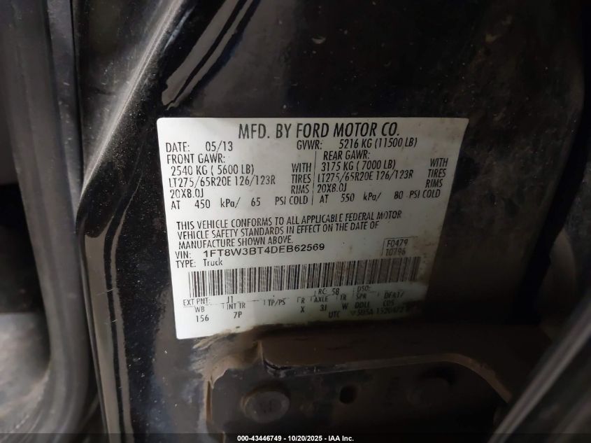 2013 Ford F-350 Lariat VIN: 1FT8W3BT4DEB62569 Lot: 43446749