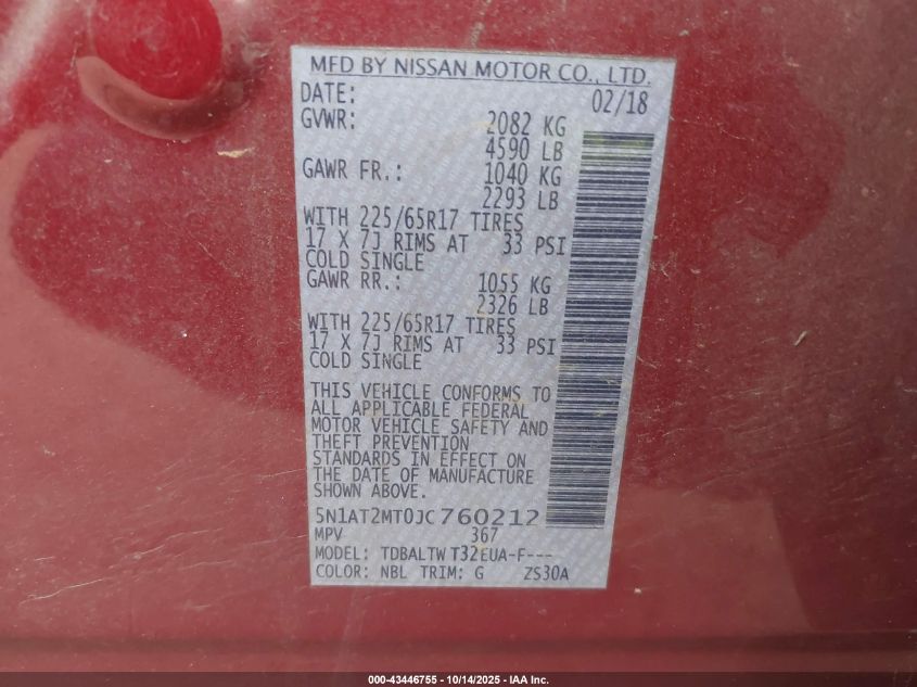 2018 Nissan Rogue Sv VIN: 5N1AT2MT0JC760212 Lot: 43446755