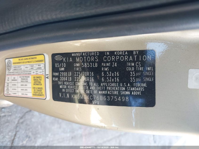 2011 Kia Sedona Lx VIN: KNDMG4C76B6375498 Lot: 43446771