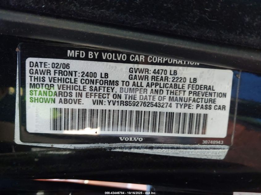 2006 Volvo S60 2.5T VIN: YV1RS592762543274 Lot: 43446784