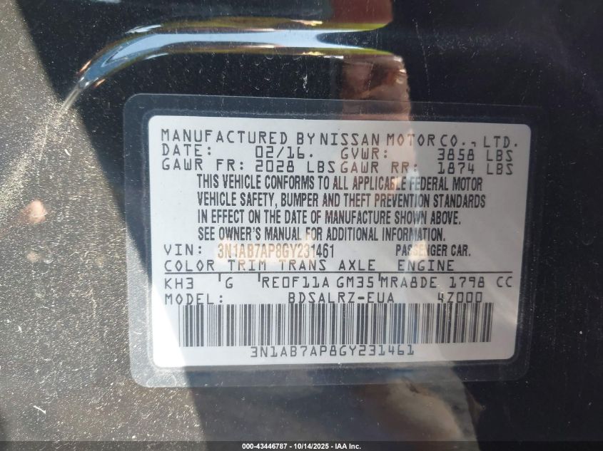 2016 Nissan Sentra Sr VIN: 3N1AB7AP8GY231461 Lot: 43446787