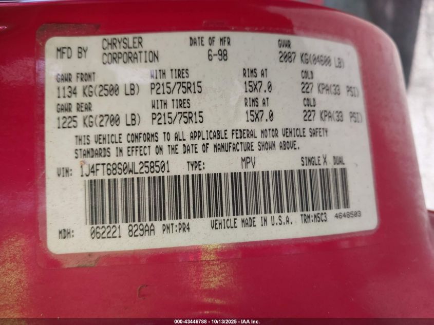 1998 Jeep Cherokee Classic/Sport VIN: 1J4FT68S0WL258501 Lot: 43446788