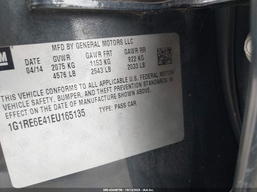 2014 Chevrolet Volt VIN: 1G1RE6E41EU165135 Lot: 43446796