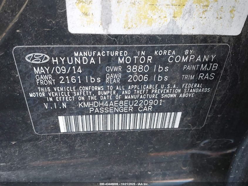 2014 Hyundai Elantra Se VIN: KMHDH4AE8EU220901 Lot: 43446806