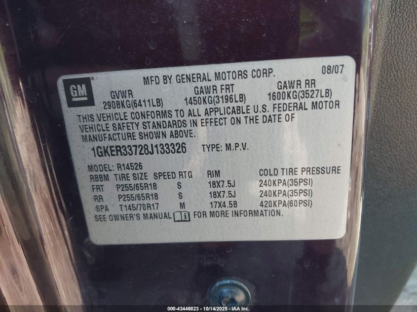 2008 GMC Acadia Slt-2 VIN: 1GKER33728J133326 Lot: 43446823