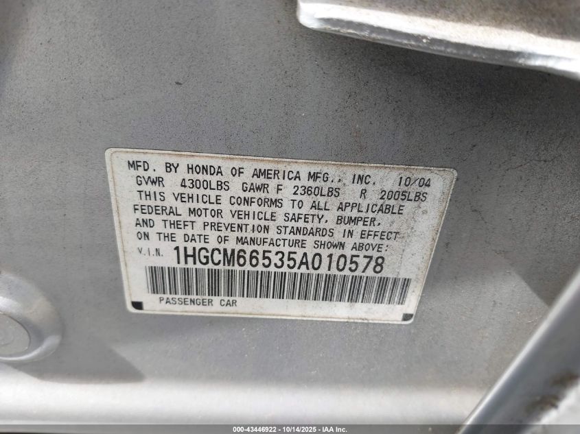 2005 Honda Accord 3.0 Ex VIN: 1HGCM66535A010578 Lot: 43446922