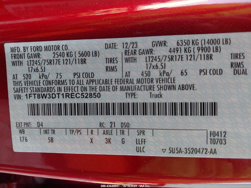 2024 Ford F-350 Lariat VIN: 1FT8W3DT1REC52850 Lot: 43446951