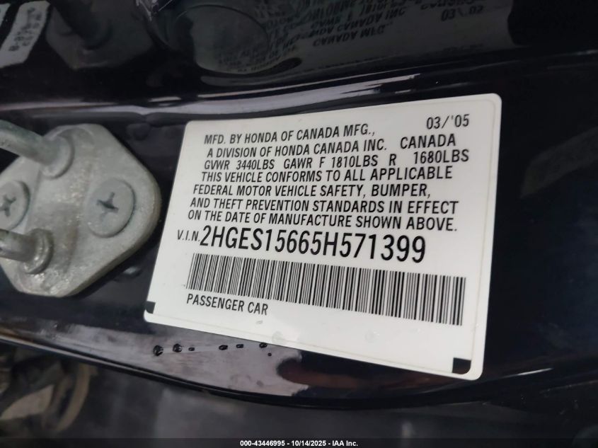 2005 Honda Civic Lx VIN: 2HGES15665H571399 Lot: 43446995