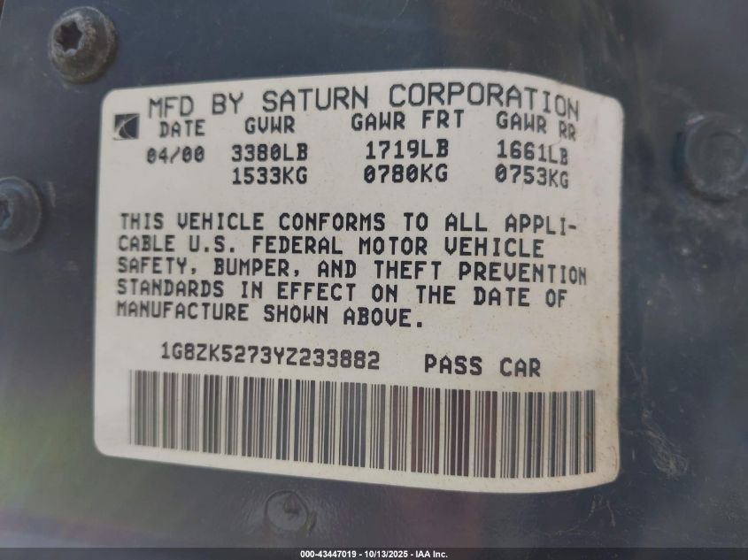 2000 Saturn Sl2 VIN: 1G8ZK5273YZ233882 Lot: 43447019