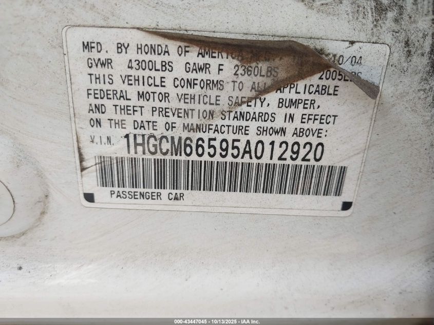 2005 Honda Accord 3.0 Ex VIN: 1HGCM66595A012920 Lot: 43447045