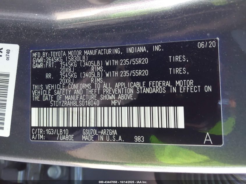 2020 Toyota Highlander Limited VIN: 5TDYZRAH8LS018040 Lot: 43447058