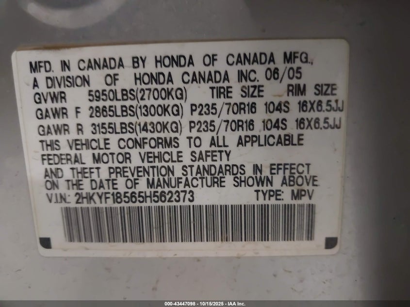 2HKYF18565H562373 2005 HONDA PILOT photo no. 9