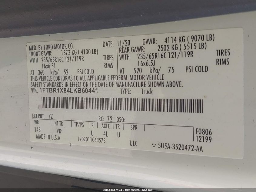 2020 Ford Transit-250 VIN: 1FTBR1X84LKB60441 Lot: 43447124