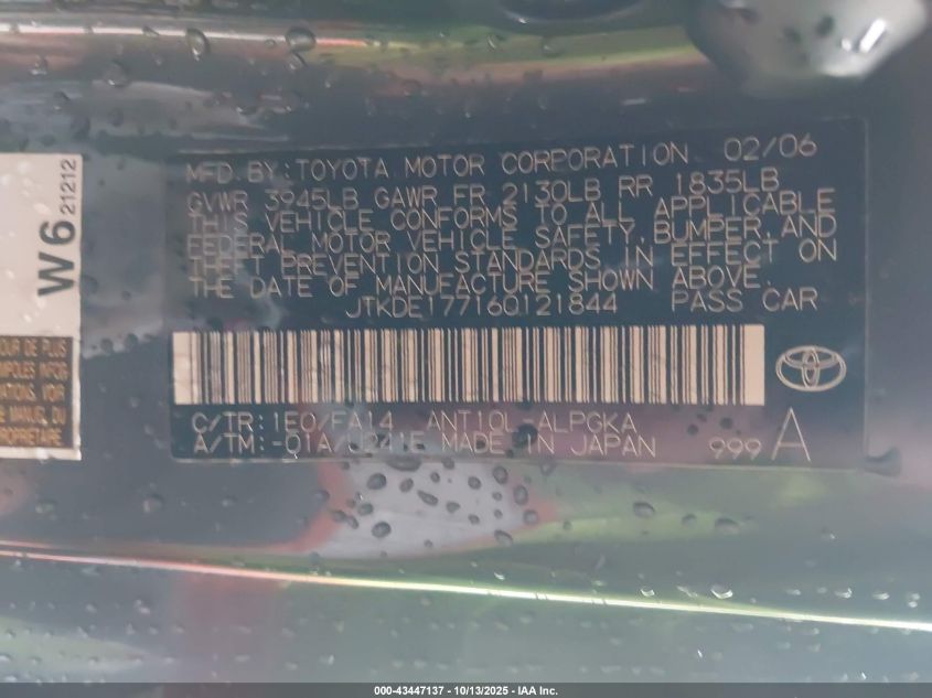 2006 Scion Tc VIN: JTKDE177160121844 Lot: 43447137